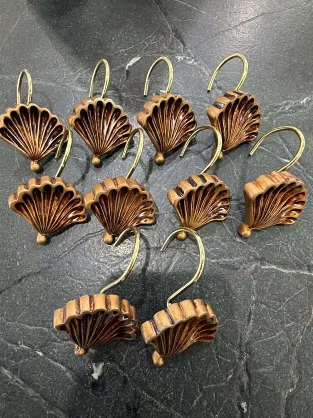 Vintage Brass Tone Scallop Shell Shower Curtain Hooks, Set of 10